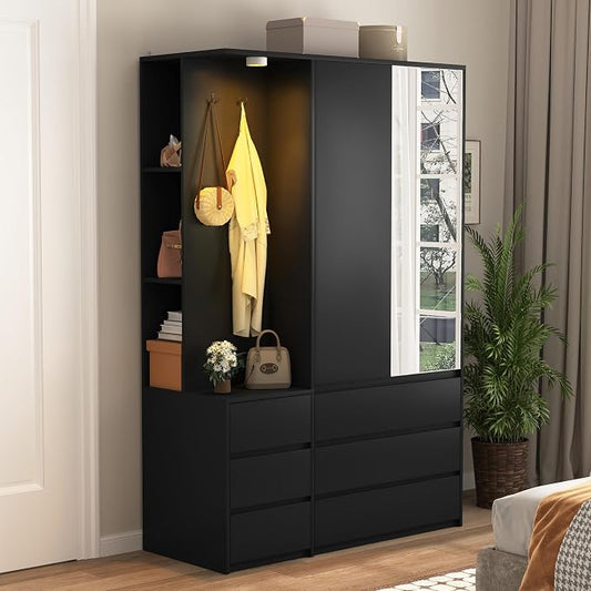 Armoire Wardrobe Closet with Mirror Door and LED Light, Bedroom Armoire with 6 Drawers, Modern Wooden Large Wardrobe Closet with Shelves, Wooden Armoire with Hanging Rod for Bedroom(Black)