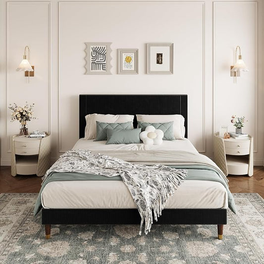 GarveeHome Full Size Bed Frame with Upholstered Headboard and Strong Wooden Slats Support, Soft Corduroy Fabric Platform Bed, No Boxing Spring Needed, Easy Assembly, Black
