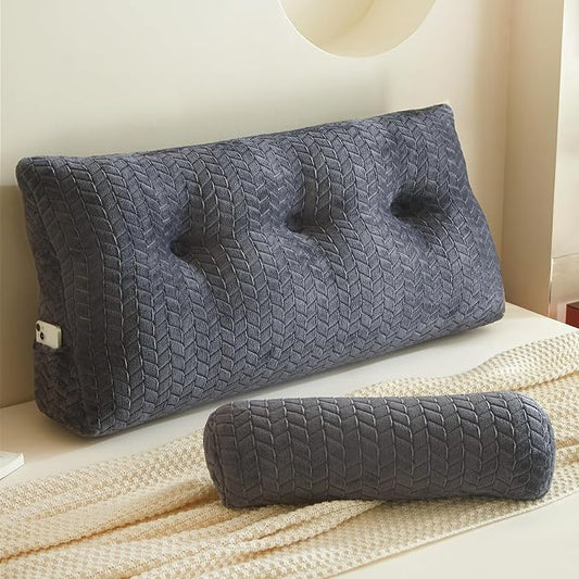 YOUR MOON Wedge Headboard Pillow Twin Size, Triangular Wedge Backrest Pillow with 1 Pack Neck Roll Pillows, Headboard Pillow for Bed,Daybed,and Lounging, Large Bed Bolster Pillows,Dark Gray