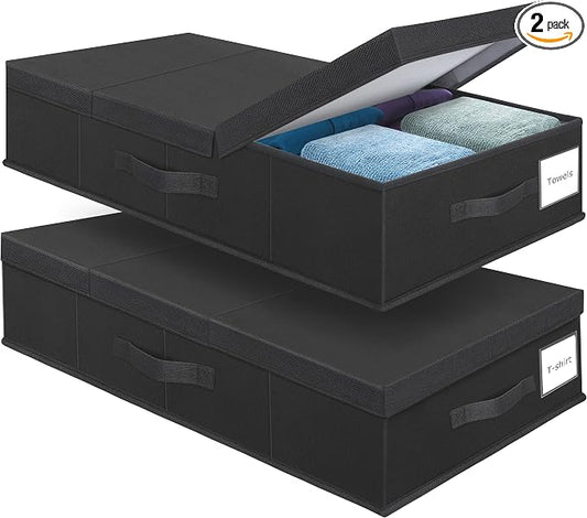 Supowin Underbed Storage Containers Bin with Lids (Set of 2) Large Under Bed Storage Organizer Box with Handle, Foldable Under the Storage Bags for Organizing Clothes, Shoes, Blankets, Pillows-Black