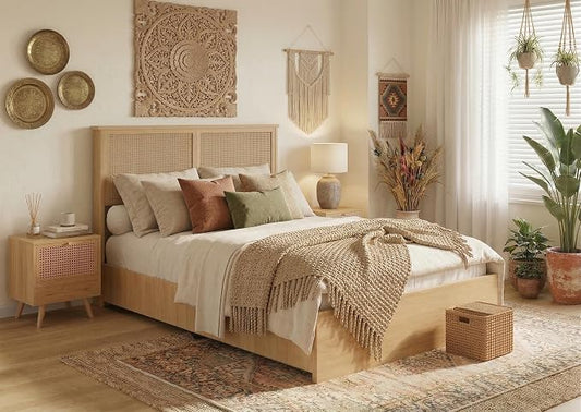 Garvee Queen Size Rattan Bed Frame with 4 Drawers, Bohemian Queen Rattan Bed Frame with Natural Headboard, Platform Queen Size Bed with Wooden Legs, LED Lights, No Box Spring Needed