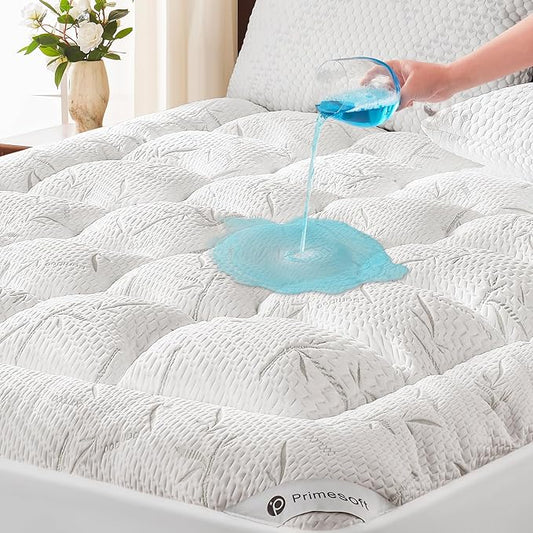 PRIMESOFT 100% Waterproof Queen Size Mattress Topper, Thick Pillow Top Mattress Pad，Up to 21 Inch Deep Pocket,Soft Breathable Mattress Pad for Back Pain, Protector Cover(White)