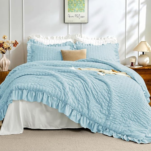 JOLLYVOGUE Light Blue King Size Comforter Set, 3 Pieces Seersucker Comforter King Size, Lightweight & Fluffy Bedding Sets for All Season with 1 Ruffle Comforter and 2 Ruffle Pillowshams