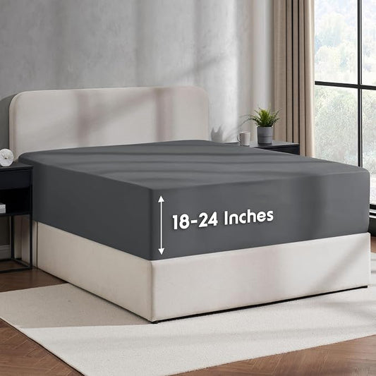 Nestl Grey Extra Deep Pocket Twin Fitted Sheet Kids, Luxury Twin Size Fitted Sheet Only Easily Fits 18 to 24 Inch Mattress, Super Soft, Wrinkle-Free, and Breathable Bed Sheets with Corner Straps