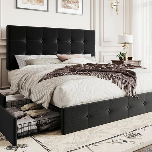 SHA CERLIN Full Size Platform Bed Frame with 4 Oversized Storage Drawers, Adjustable Headboard with Velvet Upholstery, Square Button Tufted Design, Wooden Slat Support, No Box Spring Needed, Black
