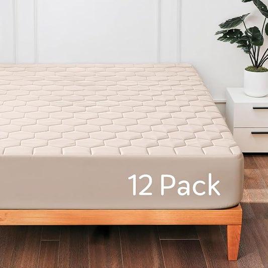 Hearth & Harbor 12 Pack Twin Size Quilted Fitted Mattress Pad Cover, 100% Waterproof Mattress Protectors, Deep Pocket Fitted Mattress Cover 8" - 21" (39" x 75", Beige Cream)