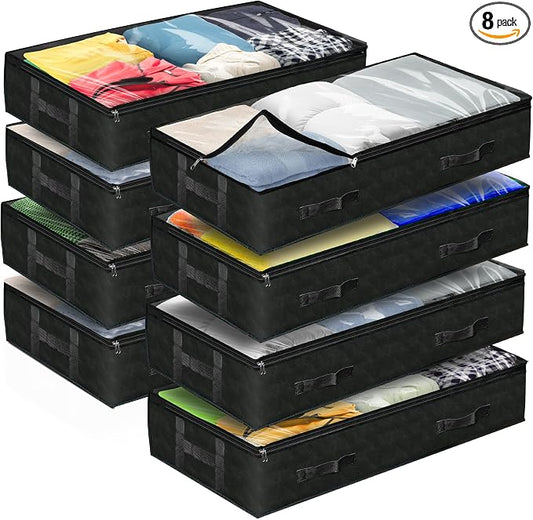 Reli. 90L Under Bed Storage Containers (8 Pack) | Closet Organizer with Clear Window | Underbed Storage Bins for Towels, Sweaters, Linens | Large Organizer for Closet (Black)