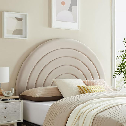 Modway Solana Soft Arch Shaped Round Queen Headboard in Almond – Upholstered Headboard – Stain-Resistant Performance Velvet Headboard for Queen Size Beds