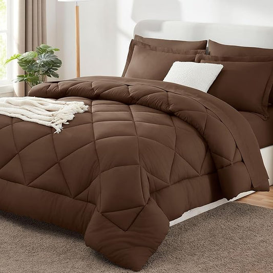 CozyLux California King Comforter Set Brown - Cal King Bed in a Bag 7 Pieces, Luxury Soft Bed Set for All Seasons, Bedding Set with Down Alternative Comforter, Sheets, Pillowcases & Shams