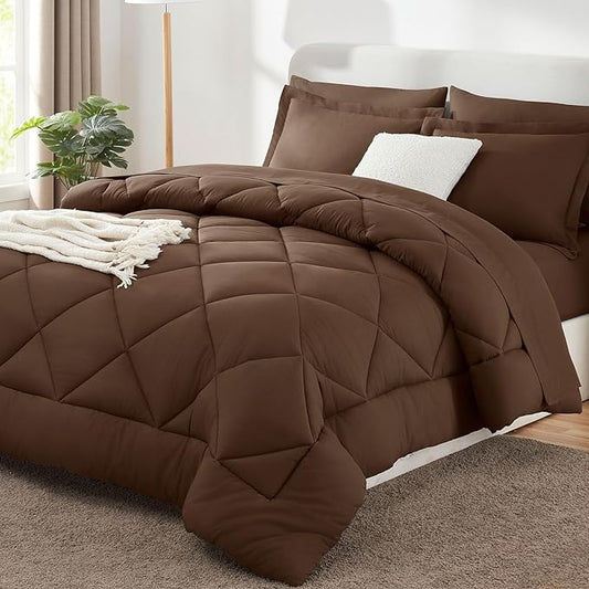 CozyLux Oversized King Comforter Set Brown - 7 Pieces Bed in a Bag Comforter Set with Sheets, Luxury Soft Bed Set All Seasons, Bedding Set with Down Alternative Comforter, Sheets, Pillowcases & Shams