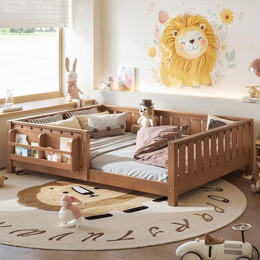 Bellemave Full Size Kids Montessori Bed with Bookshelf,Solid Wood Full Floor Bed Frame with Fence and Slats for Girls Boys,Low-Profile,Dark Natural