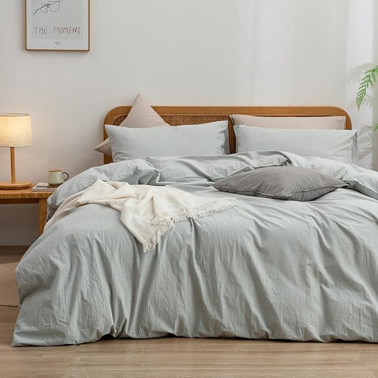 BESTOUCH Duvet Cover Set 100% Washed Cotton Linen Feel Super Soft Comfortable Chic Lightweight 3 PCs Home Bedding Set Solid Northern Droplet Grey Oversized King