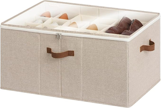 StorageWorks Shoe Organizer for Closet, Fits up to 24 Pairs, Shoe Cubby Storage Containers with Adjustable Dividers and Clear Cover, Taupe