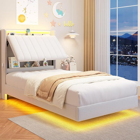Twin Size Floating Bed Frame with Ergonomic Hidden Storage Headboard and LED Light,Visual Floating LED Bed Frame with Charing Station,Velvet Upholstered Platform Bed for Kid/Boy/Girl,Heavy Duty,White