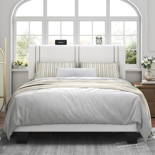 Feonase Queen Platform Bed Frame, Velvet Upholstered Queen Bed Frame, Solid Wood Slats & Heavy Duty Feet Support, No Box Spring Needed, Noise-Free, Easy Assembly, White