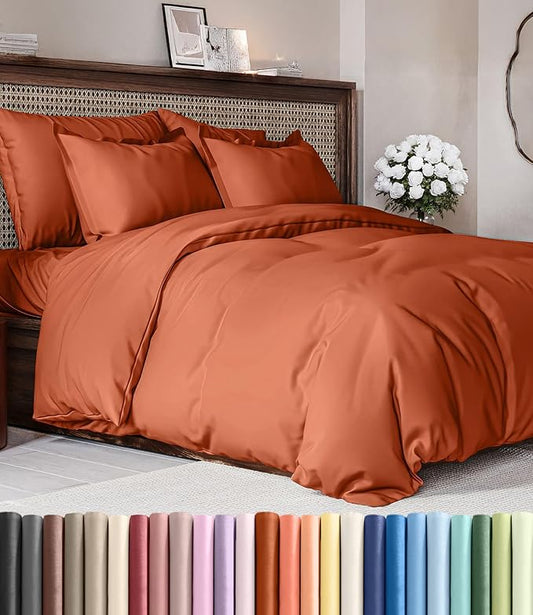 Duvet Cover King Size Set - Extra Soft King Duvet Cover 104" x 90" with 2 Pillow Shams - Hotel Luxury, Easy Care & Fade Free w/ Zipper Closures & Ties - All Season, Comfy and Breathable (Terracotta)