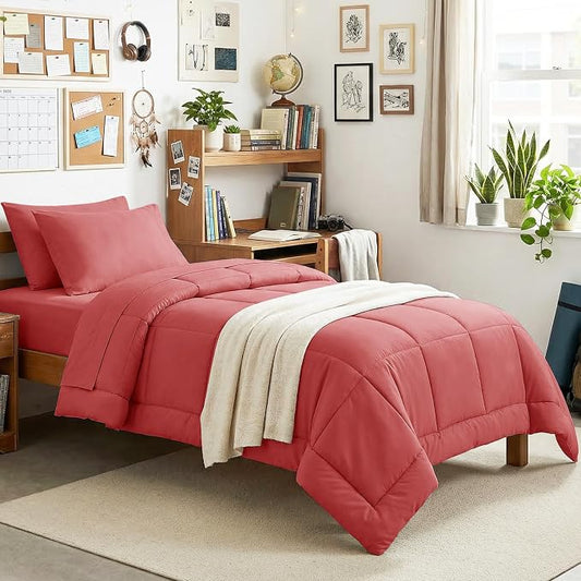 CozyLux Twin XL Comforter Set Coral, 5 Pieces Twin Extra Long Bed in a Bag for College Dorm, All Season Bedding Set with Stitch Quilted Comforter, Flat Sheet, Fitted Sheet, Pillowcases