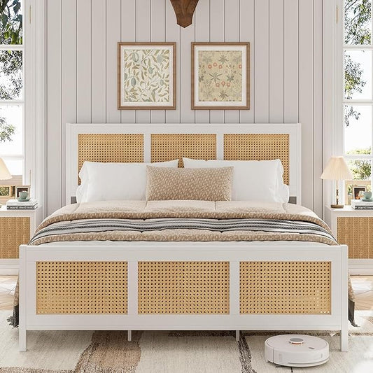 GarveeHome Full Size Bed Frame with Headboard, Boho Rattan Bed Frame with Strong Metal Slat, Noise Free, No Box Spring Needed, White and Natural
