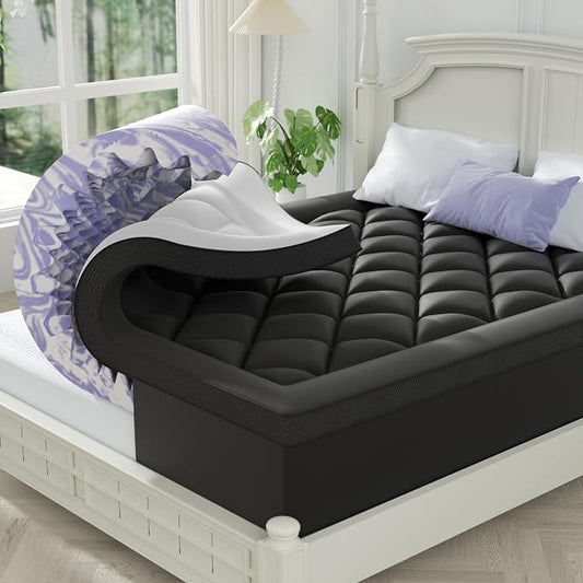 ChiXpace Dual Layer 4 Inch Memory Foam Mattress Topper Full - 2 Inch Gel Memory Foam and 2 Inch Pillow Top Mattress Pad, 7-Zone Egg Crate Full Size Mattress Topper (Black-White)