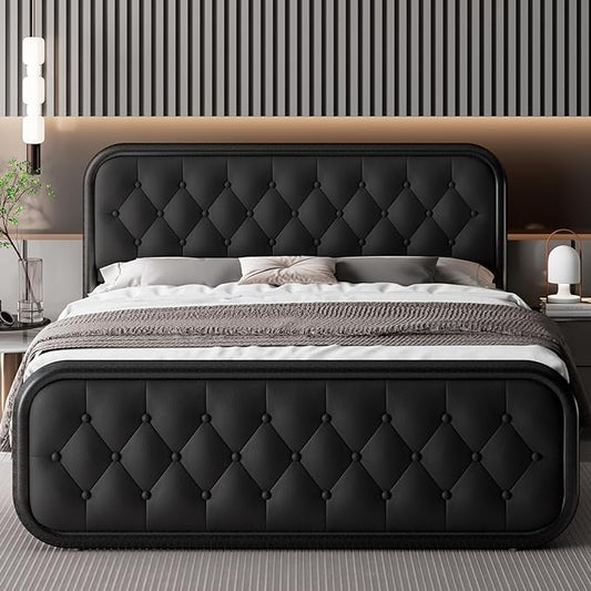 Feonase Queen Size Bed Frame, Heavy Duty Bed Frame with Faux Leather Headboard, Upholstered Platform Bed with Strong Metal Slats, 12" Under-Bed Storage, Noise-Free, Easy Assembly, Black