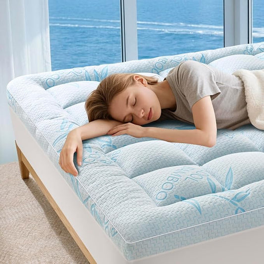 Queen Mattress Topper Viscose Derived from Bamboo,Breathable and Soft Extra Thick Pillow Top Mattress Pad Cover for Back Pain, Deep Pocket Fits 7–21 Inch Mattress (60.1"x80.1",Blue)