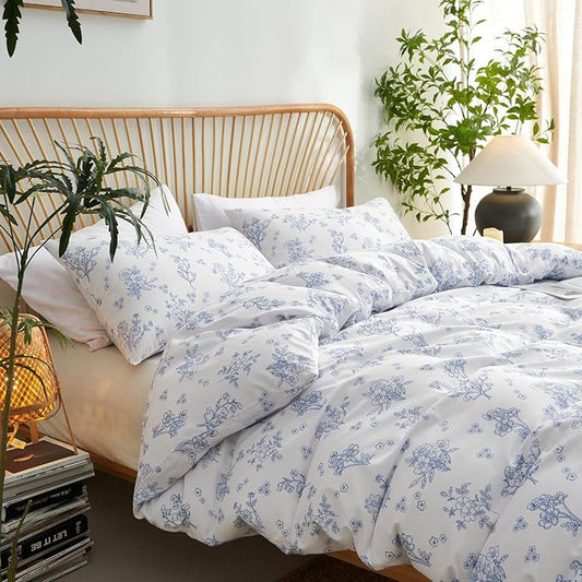 Nayoroom Blue Floral Duvet Cover King Size Cottagecore Flower Leaf Spring Comforter Cover 3 Pcs Soft Breathable Microfiber Pastoral Aesthetic Bedding Set with Zipper Closure