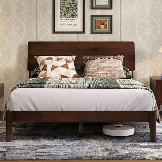 Novilla Full Size Bed Frame with 3-Level Adjustable Storage Headboard, Solid Wood Platform Bed Frame with Slats, No Box Spring Needed, Noise Free, Walnut Finish for Master Bedroom and Guest Room