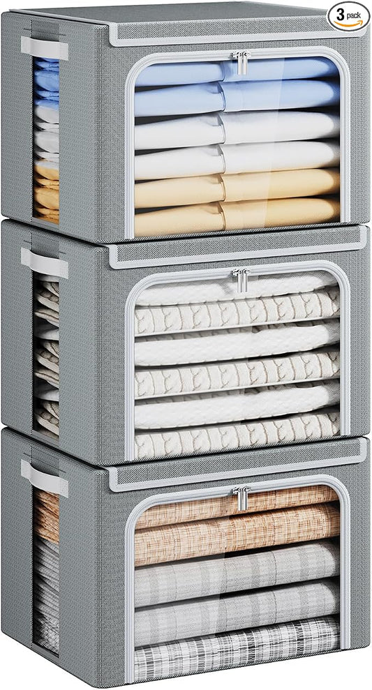 Yecaye Clothes Storage Bins with Metal Frame, 40L Foldable Clothing Storage Bins with Lid, Stackable Zippered Clothes Storage Bags, Oxford Fabric Organizer Box With Clear Window＆ PU Leather Handles