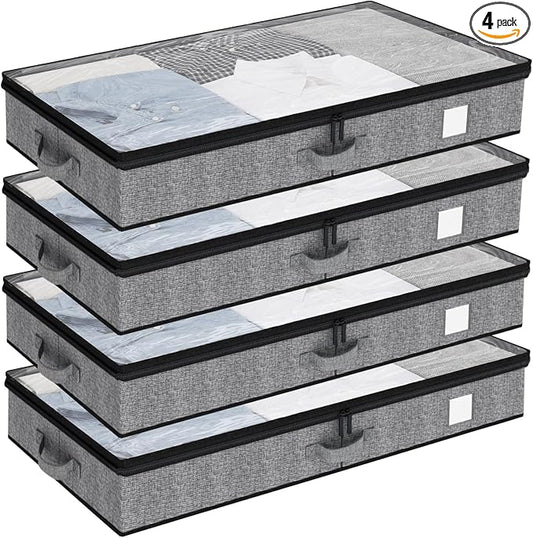 Fixwal Under Bed Storage Containers 4 Pack, Reinforced Underbed Organizer Below 4.5 Inches Low Profile Clothes Storage Bins with Sturdy Sidewalls and Bottom