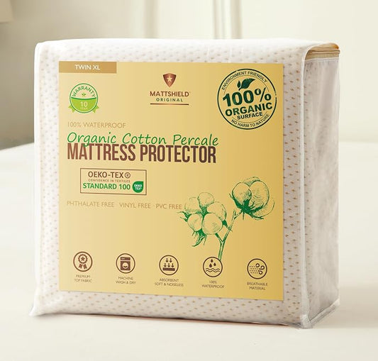 Deluxe Cooling Mattress Protector Twin XL - Waterproof - Crisp, Breathable Organic Cotton Percale Surface - OCS Certified 280GSM 3D Air-Knit Mattress Pad - Noiseless Deep Pocket