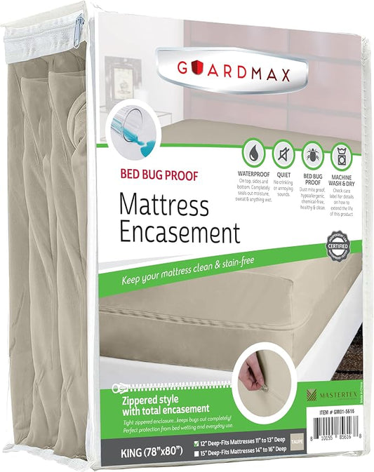 Guardmax King Mattress Encasement with Zipper, Waterproof, Bed Bug Proof, and Dust Mite Proof Mattress Protector for King Size Bed up to 12" Deep, Zippered All Around Jersey Knitted Mattress Cover