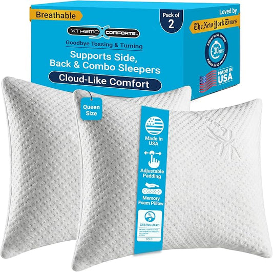 Xtreme Comforts GREENGUARD Certified Queen Pillows for Sleeping (2 Pack) | Adjustable Shredded Memory Foam Pillows with Removable Cover | Support for Side, Back & Stomach Sleeper