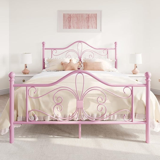SHA CERLIN Full Size Bed Frame for Kids,Metal Bed Frame with Butterfly Pattern Design Headboard and Footboard,No Box Spring Needed,Easy Assembly,Pink