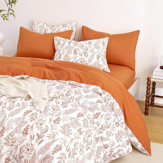 Wake In Cloud - Floral Duvet Cover Set, Botanical Vintage Flower Coquette Cottagecore Aesthetic for Women Teen Girls, Soft Lightweight Bedding, 3-Piece, Terracotta, Queen Size