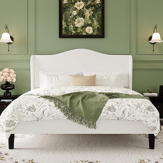 SHA CERLIN Queen Size Bed Frame with Elegant Wingback Headboard,Upholstered Platform Bed with Modern & Luxurious Design,Sturdy Wooden Slats,No Box Spring Needed,Easy Assembly,Noise-Free,Soft White