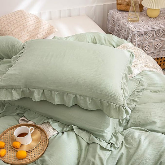 Green Pillow Shams Sage Green Ruffle Standard Pillowcases Cute Pillow Cover Set of 2 Shabby Chic Sea Green Pillowcases 2 Pack (Queen (20''x30''), Sea Green)
