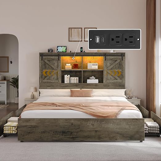 DWVO Farmhouse King Size Bed Frame with Storage Bookcase Headboard, Sliding Barn Door, 4 Storage Drawers, RGB LED Bed Frame with USB Charging Station, No Box Spring Needed, Cement Grey