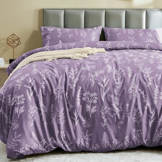 MUXHOMO Duvet Cover Full Size, Reversible Floral Grayish Purple Duvet Cover Set with Zipper Closure, 3 Pieces Botanical Patterns Soft Microfiber Bedding Set with 4 Ties (80"x90", 2 Pillow Cases)
