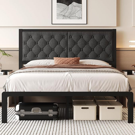 Fluest Queen Bed Frame with Headboard Linen Upholstered Bed Frame Platform,All Metal Slats Support Platform Bed Frame with Storage Space,Easy Assembly,Noise Free,No Box Spring Needed,Grey
