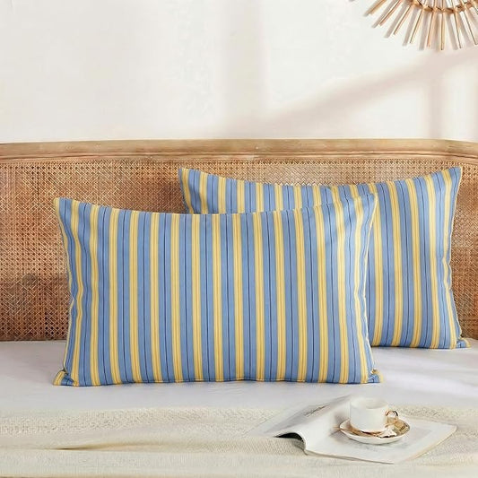 Merryword Blue & Yellow Striped Pillowcases, 100% Cotton Pillow Cases, Queen Size Pillowcases, Luxury Linen Like Pillowcase, Soft Breathable Ribbon Stripe Pillow Covers, Set of 2