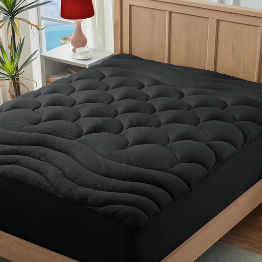 ELVEN HOME Twin Size Mattress Pad for Pain Relief, Pillow Top Cooling Twin Mattress Topper for Single Bed, Thick Fluffy Mattress Protector Cover Quilted Fitted Deep Pocket (39x75 inch, Black)