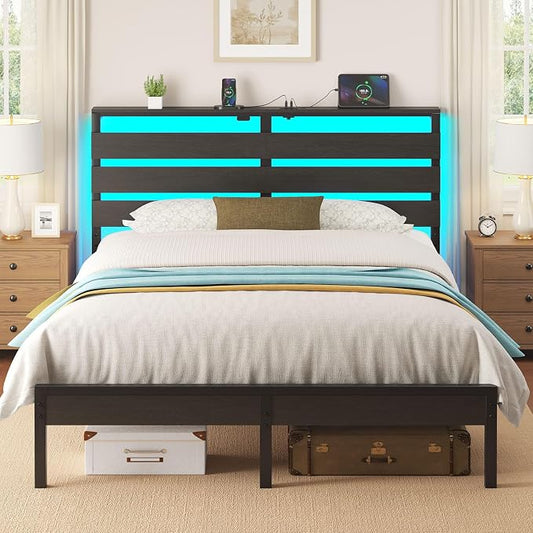 Rolanstar Bed Frame Queen Size with USB Charging Station, LED Bed Frame with Wood Storage Headboard, Black Metal Platform Bed with Under Bed Storage, No Box Spring Needed, Noise Free