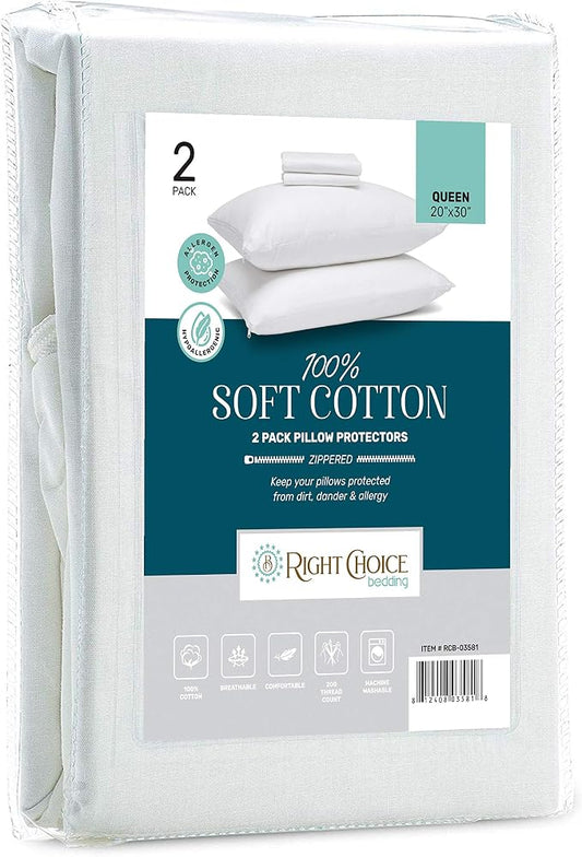 Cotton Pillow Protectors with Zipper - Zip Up Pillowcase Queen Size 20x30 (Set of 2)