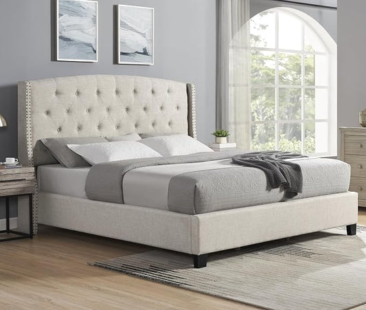 Roundhill Furniture Nantarre Fabric Tufted Wingback Upholstered Bed with Nailhead Trim, King, Tan