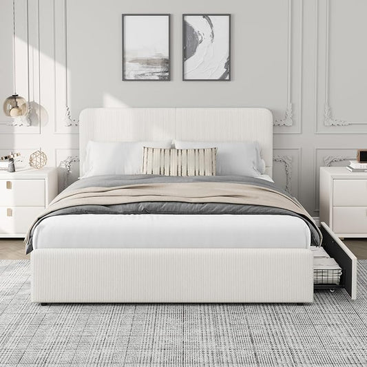 GarveeHome Modern Upholstered Platform Bed Frame with Headboard and Storage Drawers – Strong Wood Slats, Noise-Free, No Box Spring Needed, Easy Assembly – Full Size, Corduroy Neutral-White Tone