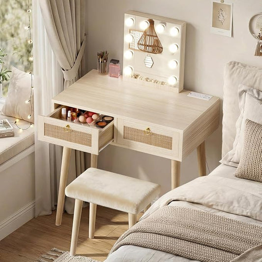 BOLUO Makeup Vanity Desk with Hollywood Mirror and Lights, Boho Girls Vanity Set with Stool, Make Up Dressing Table with Drawers and Outlet for Bedroom