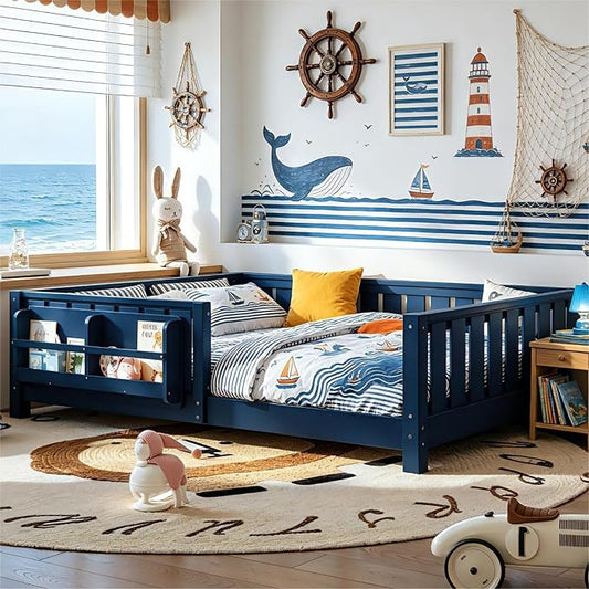 Bellemave Full Size Floor Bed Frame with Fence & Bookshelf, Solid Pinewood Montessori Floor Bed Full with Slats Load 550LBS, Low Profile Floor Bed for Kids, Bedroom, Nursery, Easy Assembly, Blue
