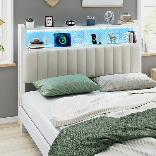 VINGLI Queen Size Headboard for Bed,Upholstered Headboards with Storage, Charging Stations and LED Lights, 2 Tier Shelves and Pegboard, Modern Bed Head Board, Adjustable Height, White