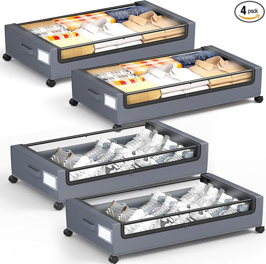 Under Bed Storage with Wheels, Square Under Bed Storage Containers, 4 Pack Under The Bed Storage Bins, Under Organizer with Clear Lids-60L Rolling Underbed Storage For Clothes, Shoes...