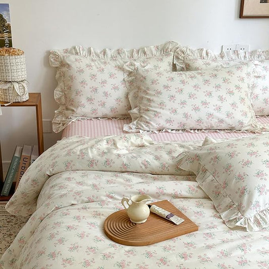 mixinni Pink Floral Duvet Cover Set King Size - 100% Cotton Ruffle Lace Bedding Set for Girls, Romantic Cottagecore Style Duvet Cover with Zipper Closure, Soft Aesthetic Princess Bedding-King
